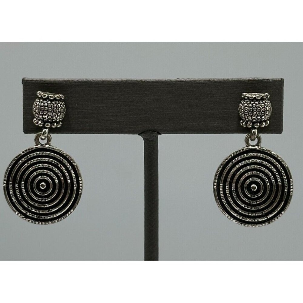 3/$30 Spiral Circle Dangle Earrings Silver Tone Textured Metal Pierced 1.25 Inch